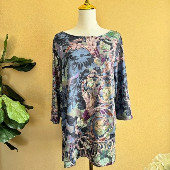 Soft Surroundings Botanical Tuileries 3/4 Sleeve Tunic Womens L Lagenlook Floral - Picture 2 of 12